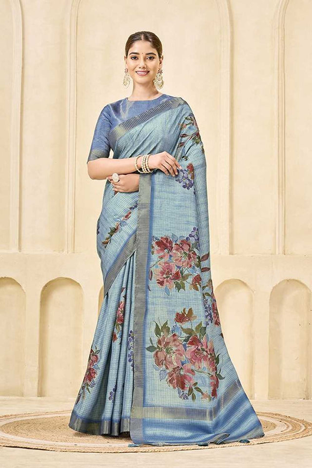 Sky Blue Floral Printed Silk Saree