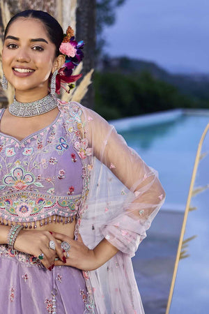 Lavender Floral Embriodered Satin Lehenga (ACA1890)