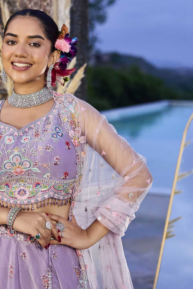 Lavender Floral Embriodered Satin Lehenga (ACA1890)