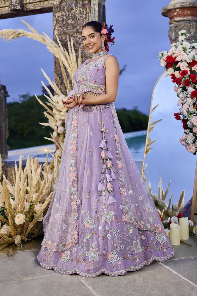Lavender Floral Embriodered Satin Lehenga (ACA1890)