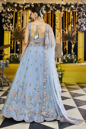 Sky Blue Floral Embriodered Satin Lehenga (ACA1891)