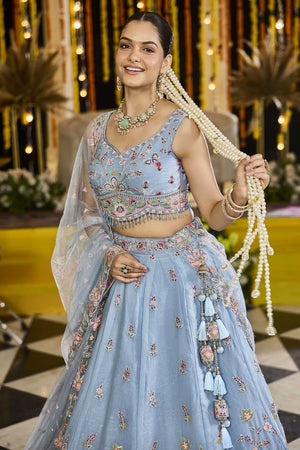 Sky Blue Floral Embriodered Satin Lehenga (ACA1891)
