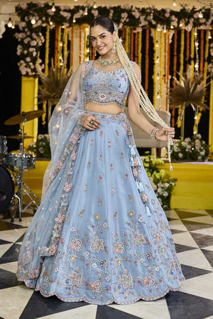 Sky Blue Floral Embriodered Satin Lehenga (ACA1891)
