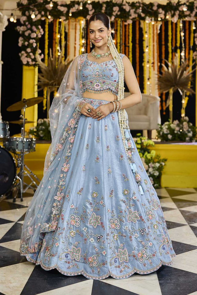 Sky Blue Floral Embriodered Satin Lehenga (ACA1891)