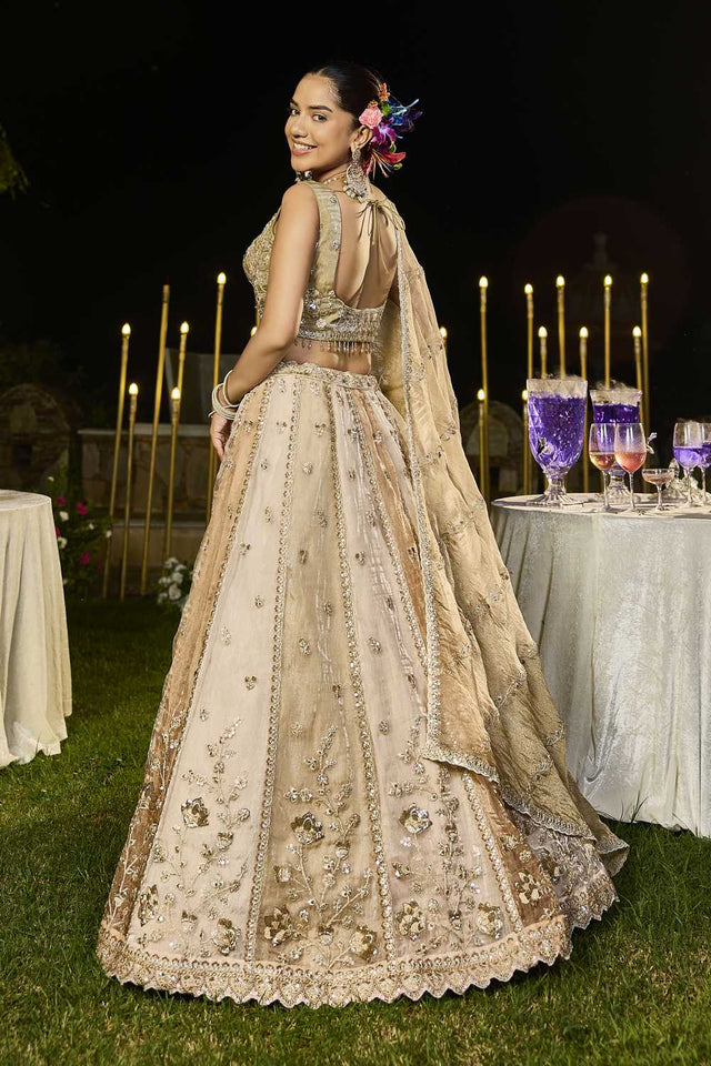 Beige Floral Embriodered Satin Lehenga (ACA1892)