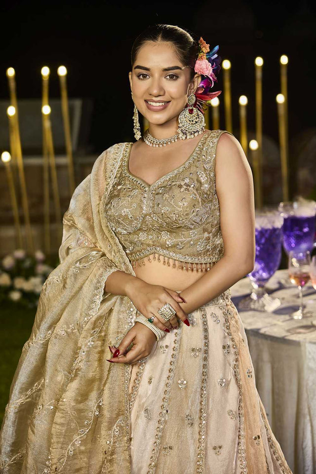 Beige Floral Embriodered Satin Lehenga (ACA1892)