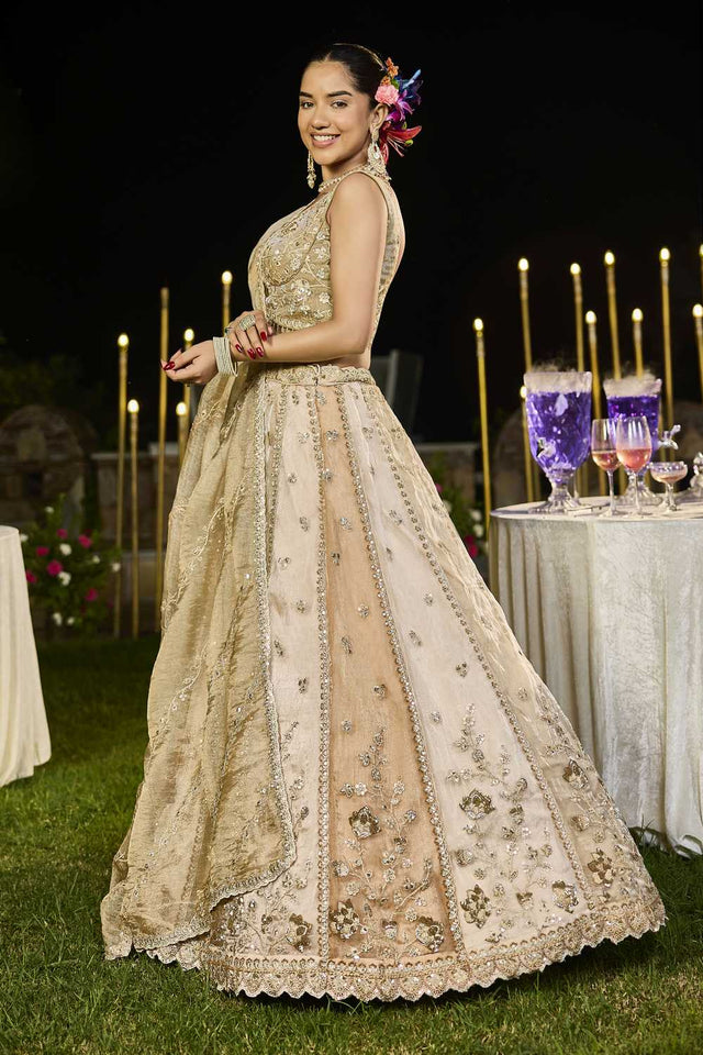 Beige Floral Embriodered Satin Lehenga (ACA1892)