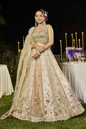 Beige Floral Embriodered Satin Lehenga (ACA1892)