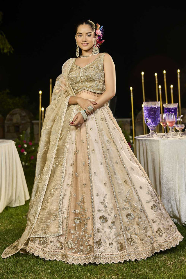 Beige Floral Embriodered Satin Lehenga (ACA1892)