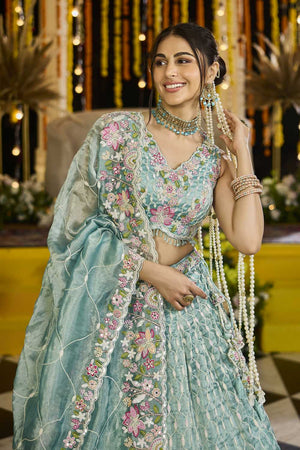 Pista Floral Embriodered Satin Lehenga