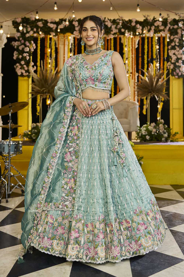 Pista Floral Embriodered Satin Lehenga