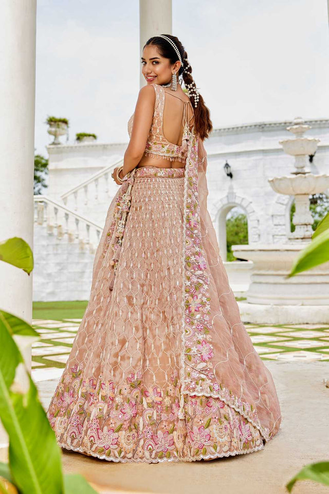 Nude Floral Embriodered Satin Lehenga