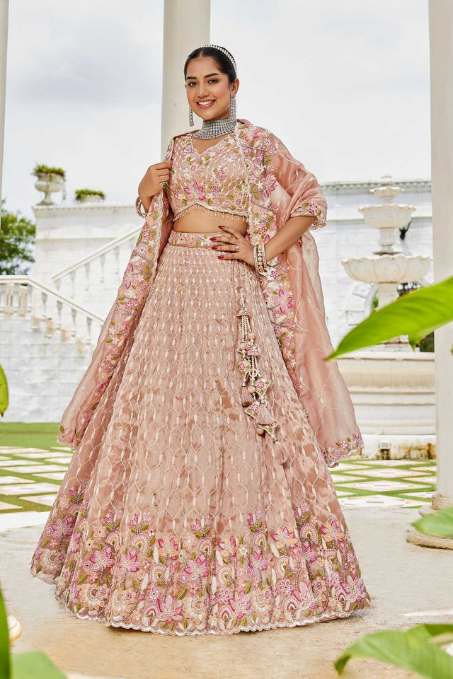 Nude Floral Embriodered Satin Lehenga