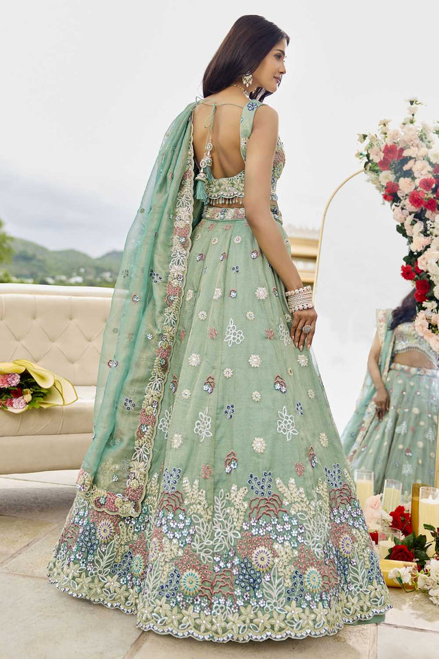 Pista Floral Embriodered Satin Lehenga