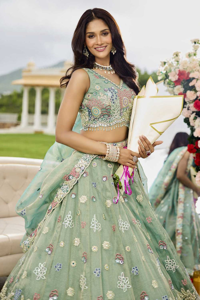 Pista Floral Embriodered Satin Lehenga