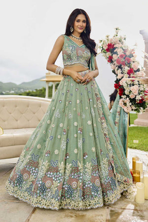 Pista Floral Embriodered Satin Lehenga