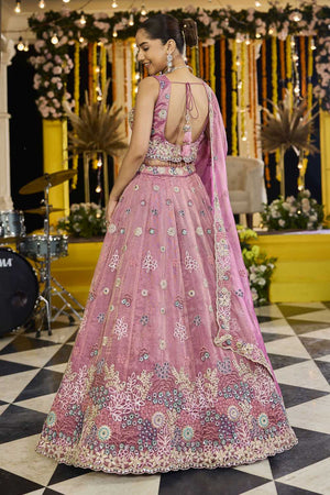 Pink Floral Embriodered Satin Lehenga