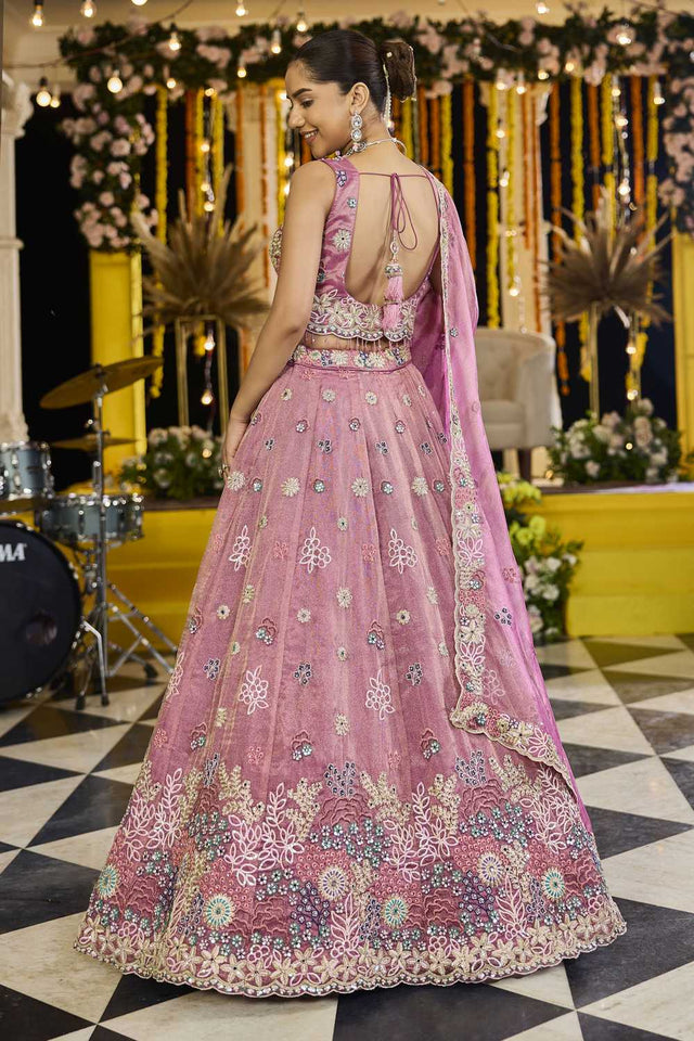 Pink Floral Embriodered Satin Lehenga