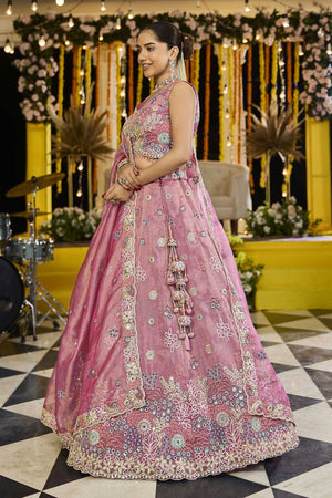 Pink Floral Embriodered Satin Lehenga
