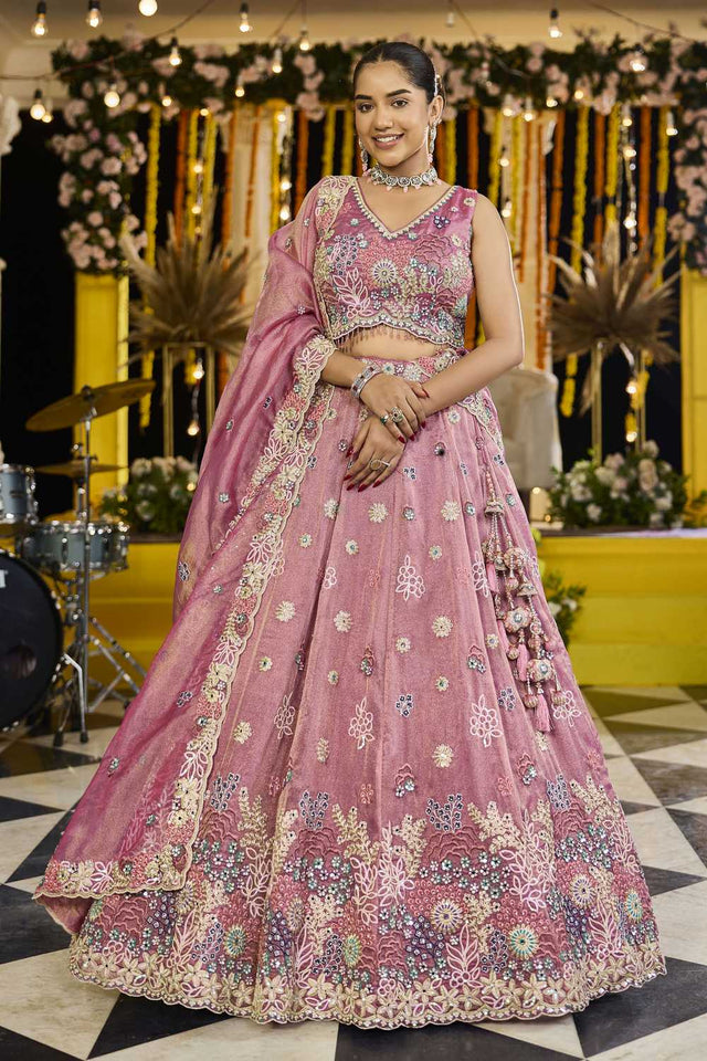Pink Floral Embriodered Satin Lehenga