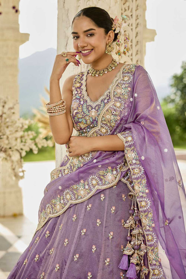 Purple Floral Embriodered Satin Lehenga