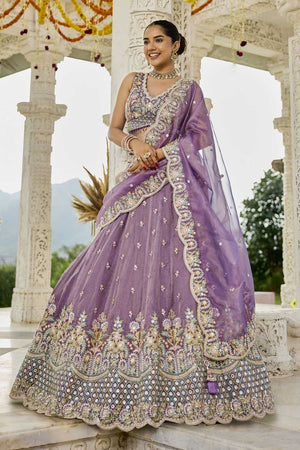 Purple Floral Embriodered Satin Lehenga