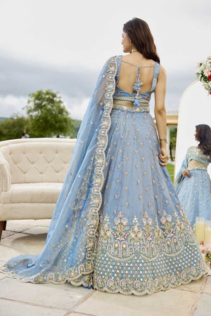 Sky Blue Floral Embriodered Satin Lehenga