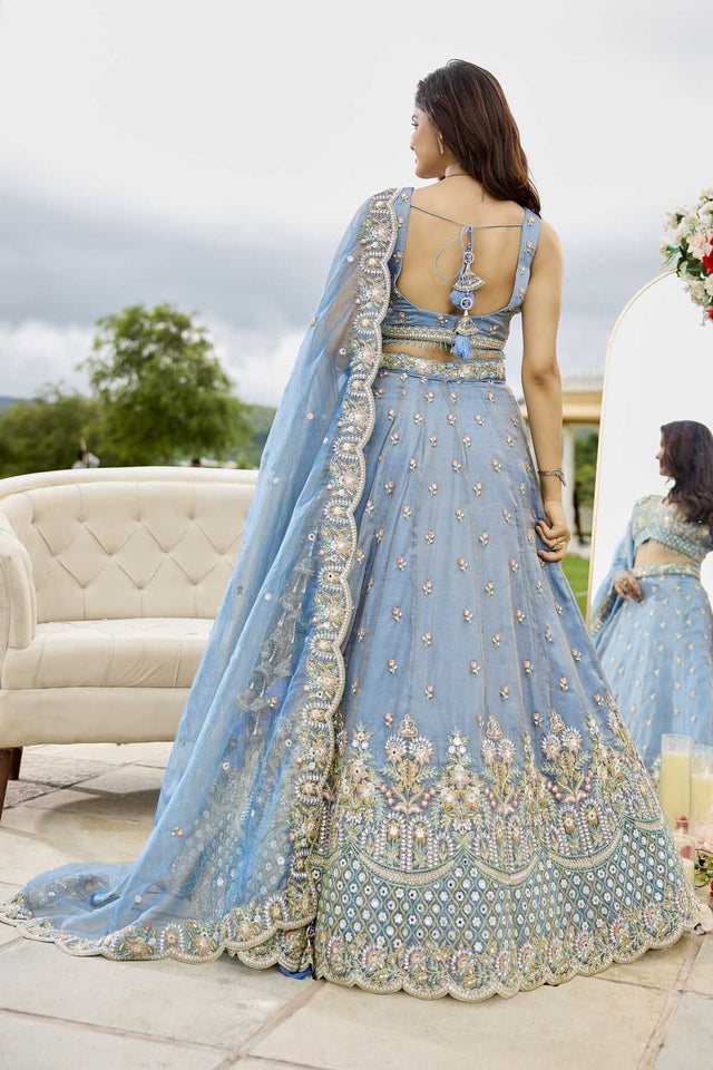 Sky Blue Floral Embriodered Satin Lehenga
