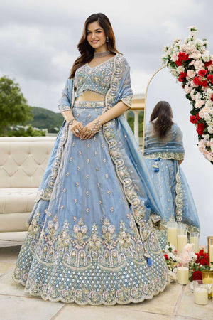 Sky Blue Floral Embriodered Satin Lehenga