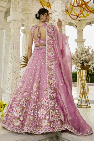 Pink Floral Embriodered Organza Lehenga
