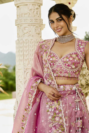 Pink Floral Embriodered Organza Lehenga