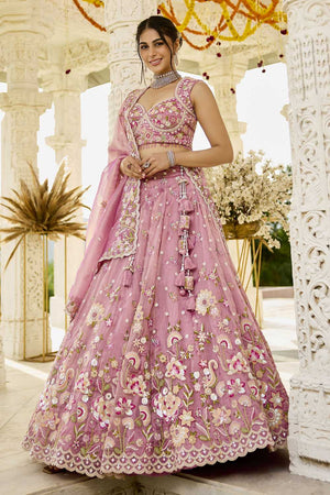 Pink Floral Embriodered Organza Lehenga