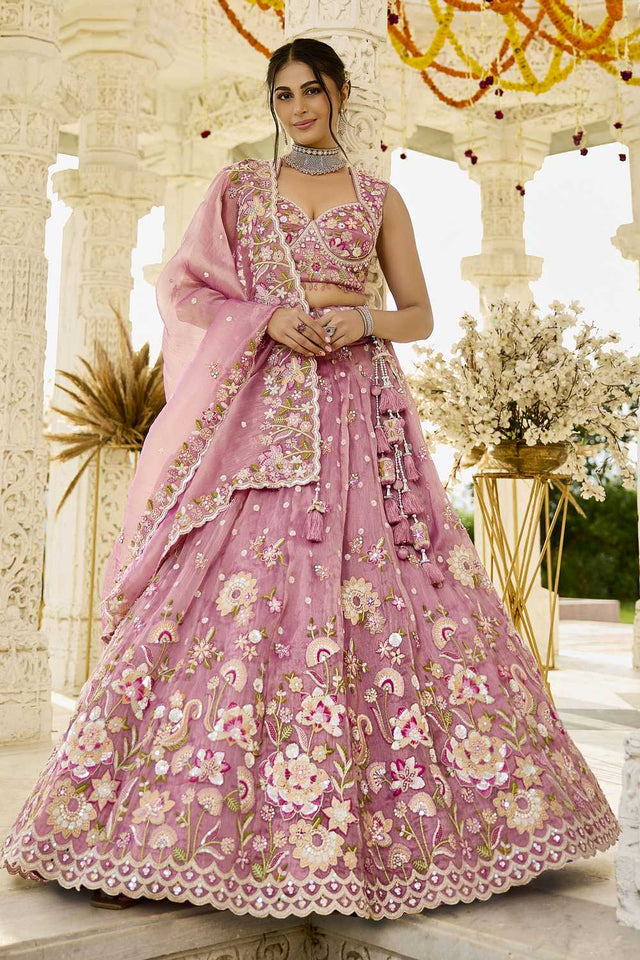 Pink Floral Embriodered Organza Lehenga