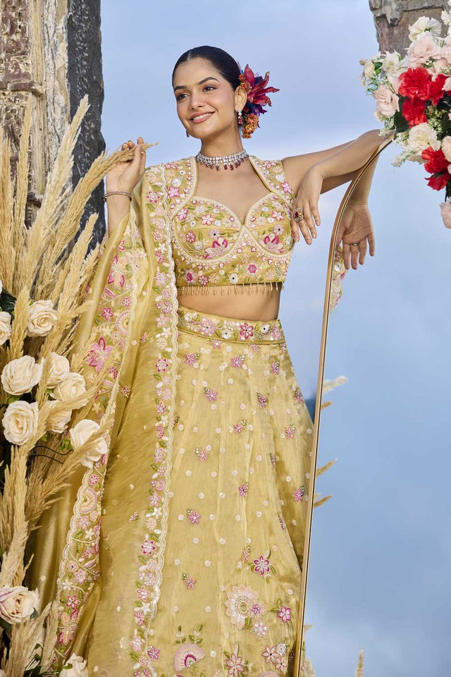 Yellow Floral Embriodered Organza Lehenga