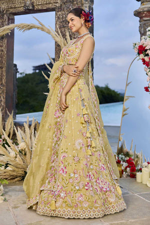 Yellow Floral Embriodered Organza Lehenga