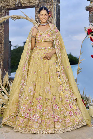 Yellow Floral Embriodered Organza Lehenga