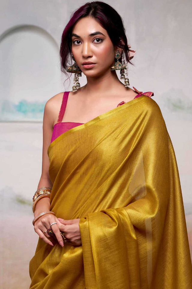 Yellow Solid Tissue Saree