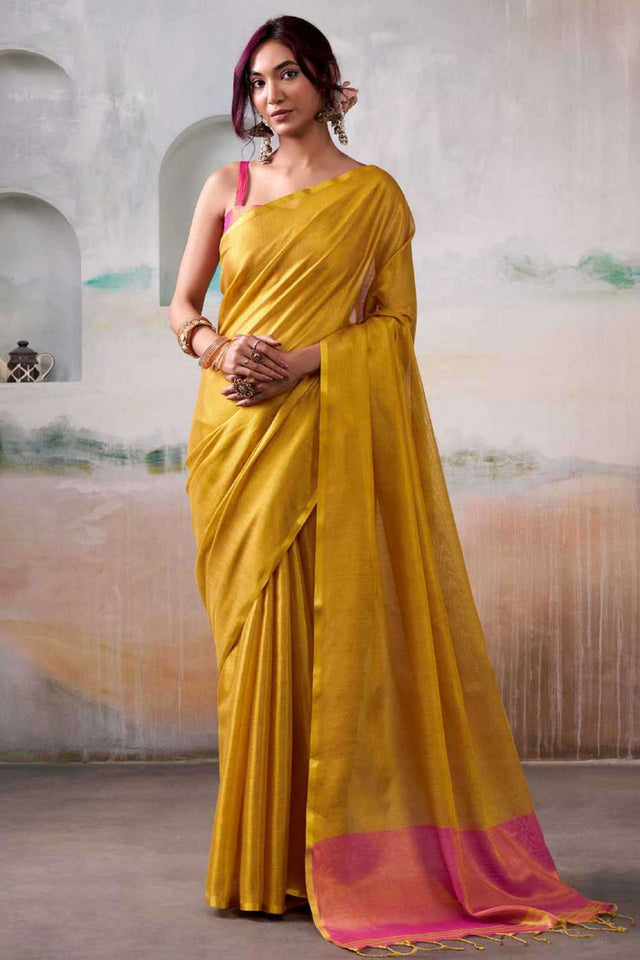 Yellow Solid Tissue Saree