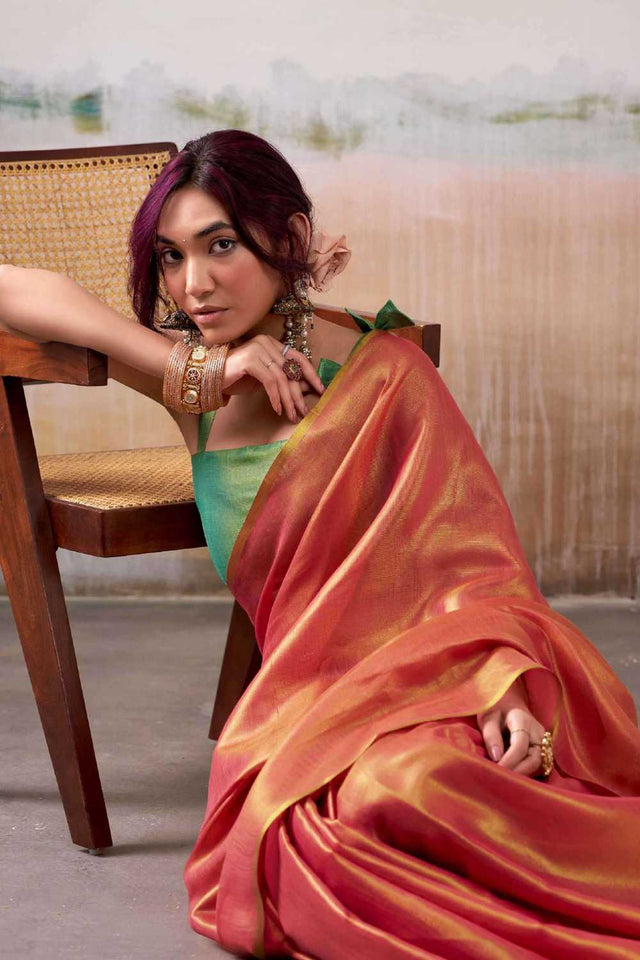 Peach Solid Tissue Saree