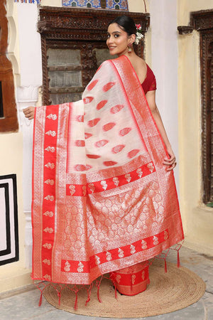 White Woven Linen Saree