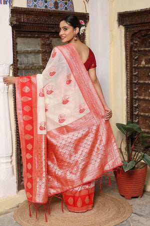 White Woven Linen Saree
