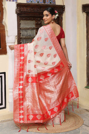 White Woven Linen Saree
