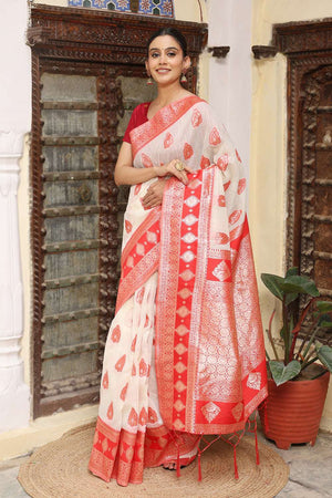 White Woven Linen Saree