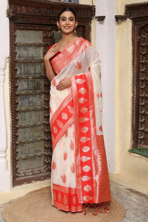 White Woven Linen Saree
