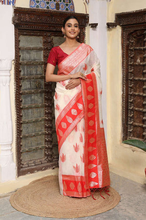 White Woven Linen Saree