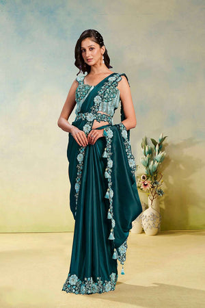 Sea Green Solid with Embellished Satin Ready to Wear Saree