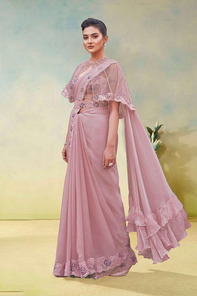 Pink Solid with Embellished Satin Ready to Wear Saree