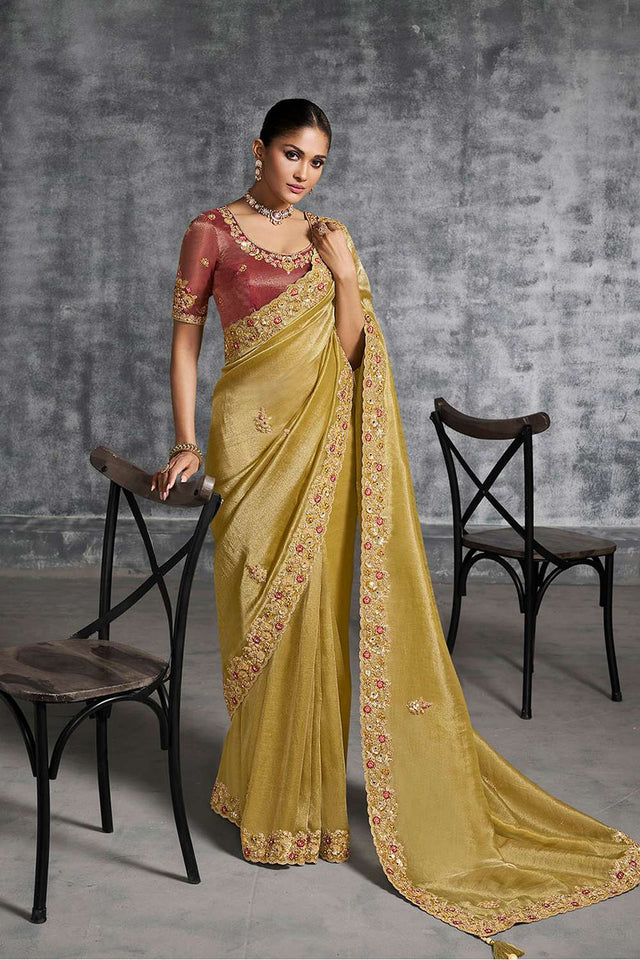 Mustard Embroidered Tissue Saree