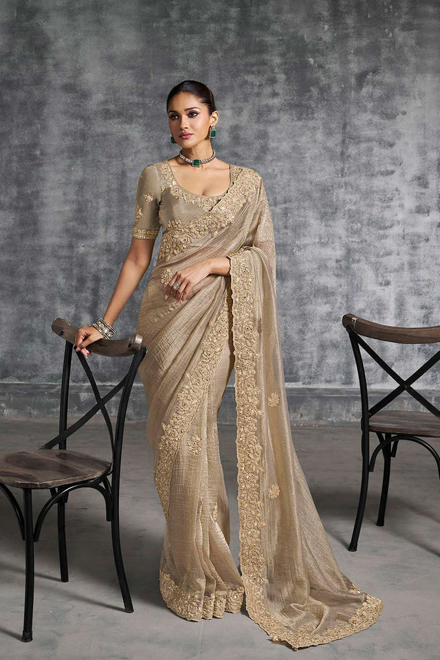 Grey Floral Embroidered Tissue Saree