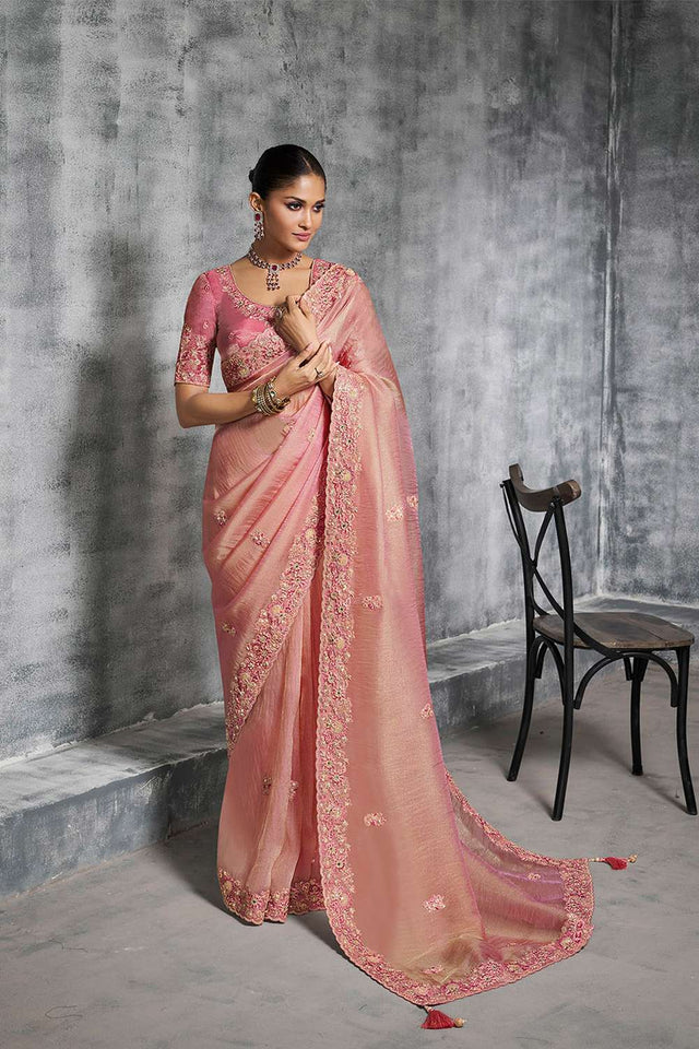 Pink Floral Embroidered Tissue Saree